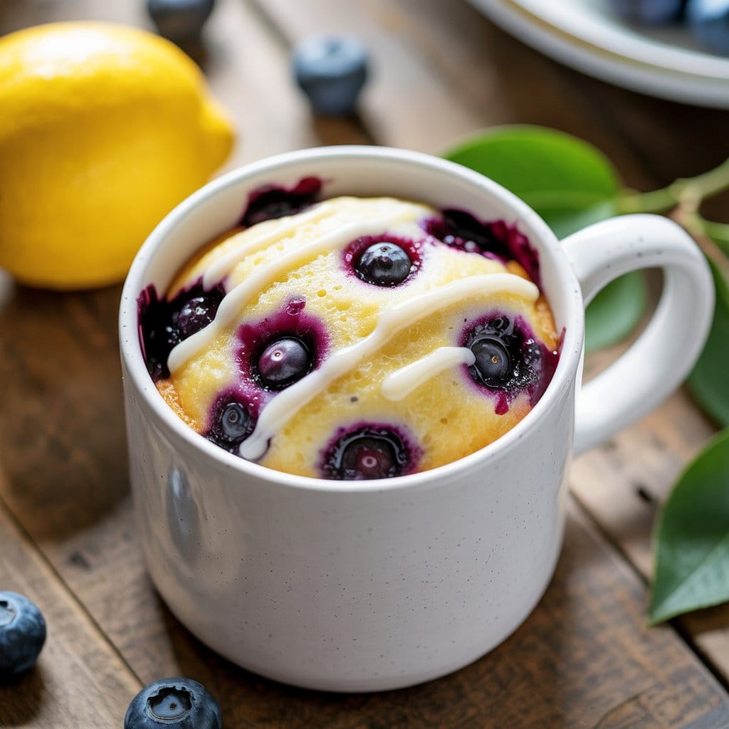 A Microwave Mug Cake filled with a baked blueberry dessert, drizzled with white icing, sits on a wooden surface with fresh blueberries and a lemon nearby. Green leaves add a touch of color in the background.