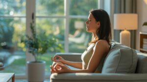 A woman sits cross-legged on a couch, meditating with her eyes closed and hands resting on her knees, embracing a 72-Hour Reset to reclaim your energy in a bright living room with large windows and natural light.