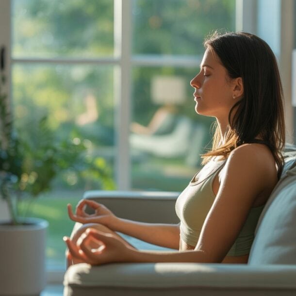 A woman sits cross-legged on a couch, meditating with her eyes closed and hands resting on her knees, embracing a 72-Hour Reset to reclaim your energy in a bright living room with large windows and natural light.