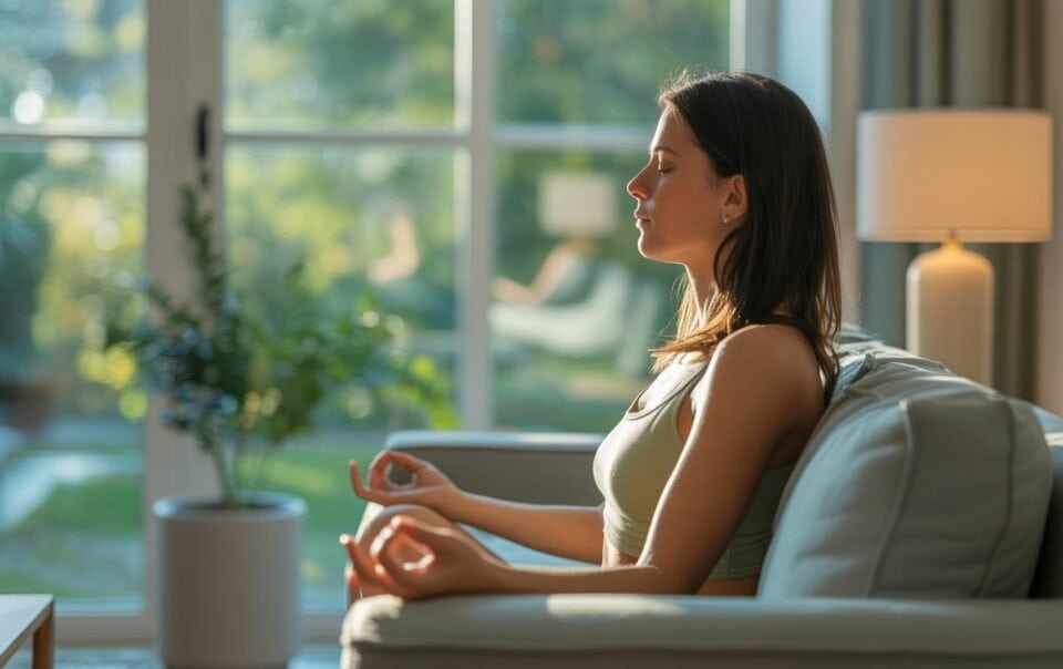 A woman sits cross-legged on a couch, meditating with her eyes closed and hands resting on her knees, embracing a 72-Hour Reset to reclaim your energy in a bright living room with large windows and natural light.