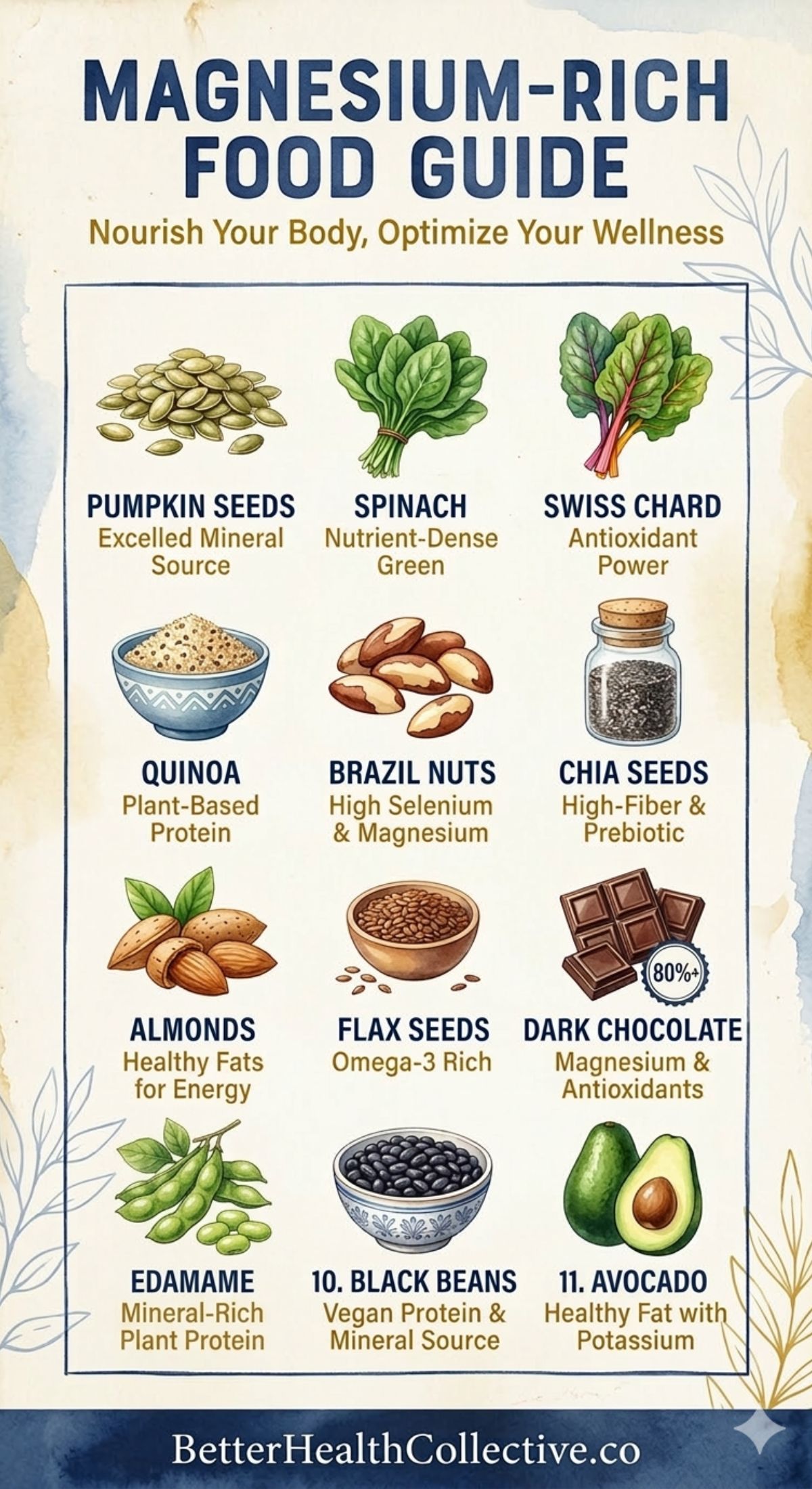 Infographic titled “Magnesium-Rich Food Guide” features magnesium rich foods like pumpkin seeds, spinach, quinoa, dark chocolate, and avocado, with images and health benefits to help you choose healthy foods for your diet.