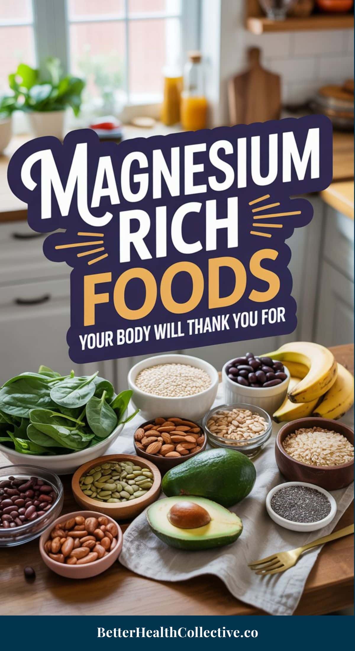A kitchen counter with bowls of magnesium rich foods, including spinach, avocado, bananas, nuts, seeds, beans, and whole grains. Text reads: Magnesium Rich Foods—healthy foods your body will thank you for.