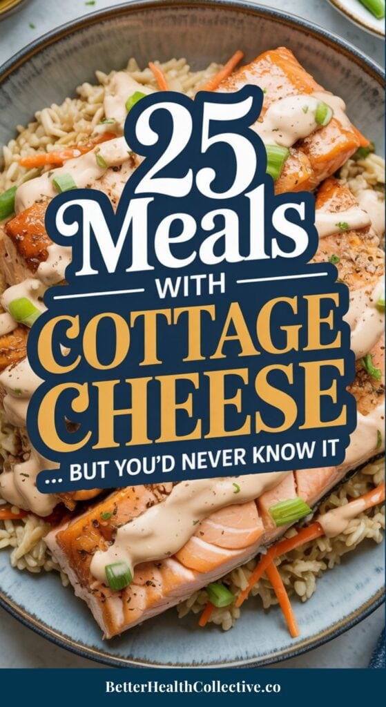 A plate of salmon with sauce and green onions on rice, overlaid with text: “25 Meals with Cottage Cheese ... But You’d Never Know It.” At the bottom: “BetterHealthCollective.co – Delicious meals with cottage cheese.”.
