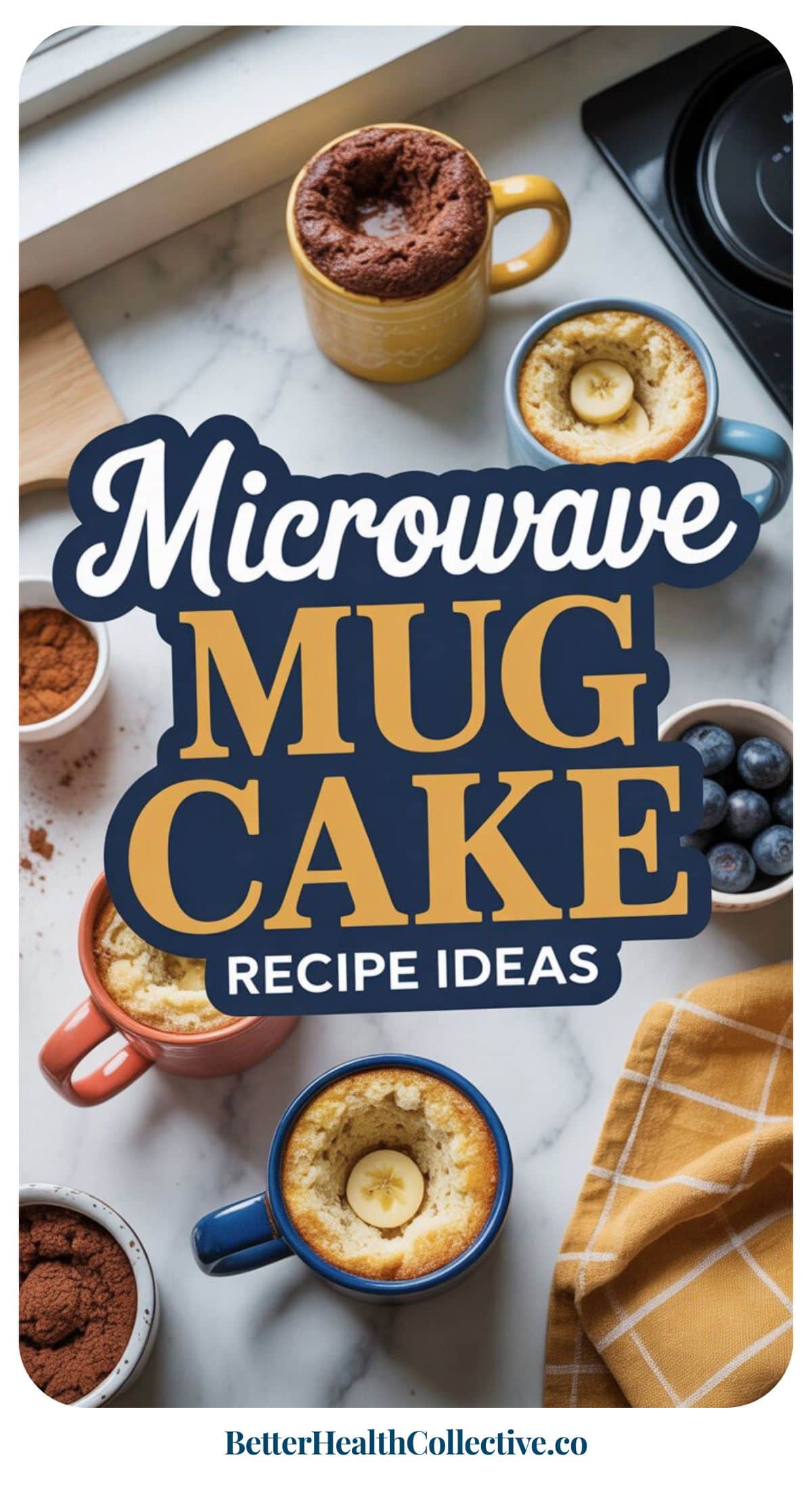 Four colorful mugs with different Microwave Mug Cakes on a kitchen counter, surrounded by baking ingredients, blueberries, and a yellow checkered napkin. Text overlay reads Microwave Mug Cake Recipe Ideas.