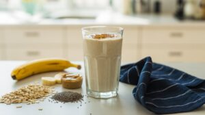 A glass of creamy breakfast smoothie sits on the counter, surrounded by a banana, oats, chia seeds, and a spoonful of nut butter—perfect for a protein fiber boost. A blue striped cloth adds charm to the bright kitchen setting.