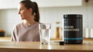A container labeled Creatine Monohydrate, a scoop, and a glass of water with white powder sit on a counter—perfect for muscle support. A woman sits in the background, out of focus.