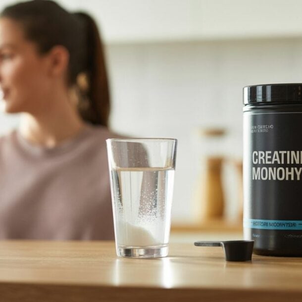 A container labeled Creatine Monohydrate, a scoop, and a glass of water with white powder sit on a counter—perfect for muscle support. A woman sits in the background, out of focus.