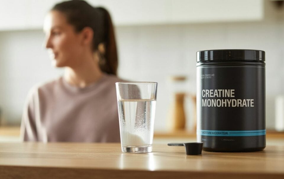 A container labeled Creatine Monohydrate, a scoop, and a glass of water with white powder sit on a counter—perfect for muscle support. A woman sits in the background, out of focus.