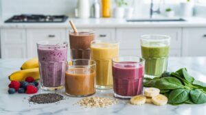 Six glasses of colorful smoothies—purple, brown, yellow, green, and pink—sit on a kitchen counter surrounded by fresh bananas, spinach, berries, chia seeds, and oats for the perfect protein fiber smoothie boost. The kitchen background is bright and modern.