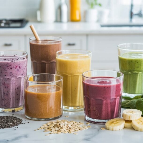 Six glasses of colorful smoothies—purple, brown, yellow, green, and pink—sit on a kitchen counter surrounded by fresh bananas, spinach, berries, chia seeds, and oats for the perfect protein fiber smoothie boost. The kitchen background is bright and modern.