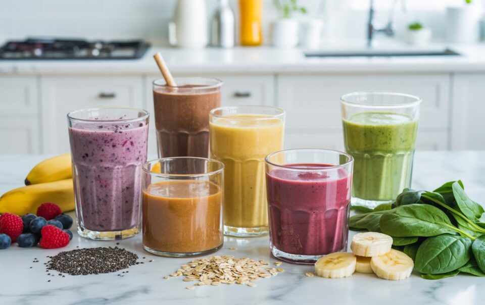 Six glasses of colorful smoothies—purple, brown, yellow, green, and pink—sit on a kitchen counter surrounded by fresh bananas, spinach, berries, chia seeds, and oats for the perfect protein fiber smoothie boost. The kitchen background is bright and modern.