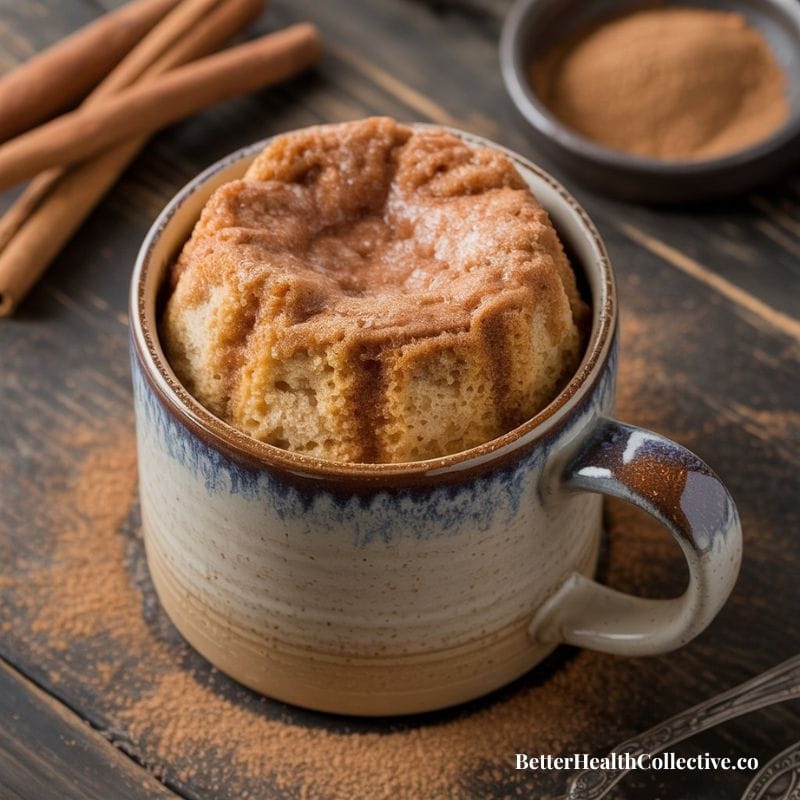 A cinnamon-flavored Microwave Mug Cake rises above a ceramic mug, surrounded by cinnamon sticks and a small bowl of cinnamon powder on a rustic wooden table. Text reads BetterHealthCollective.co.