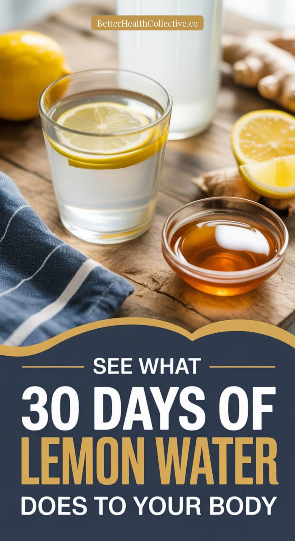 A glass of lemon water with a lemon slice, a bowl of honey, a halved lemon, and ginger on a wooden table, with text: Discover the health benefits of the 30-day challenge—see what 30 days of lemon water does to your body.