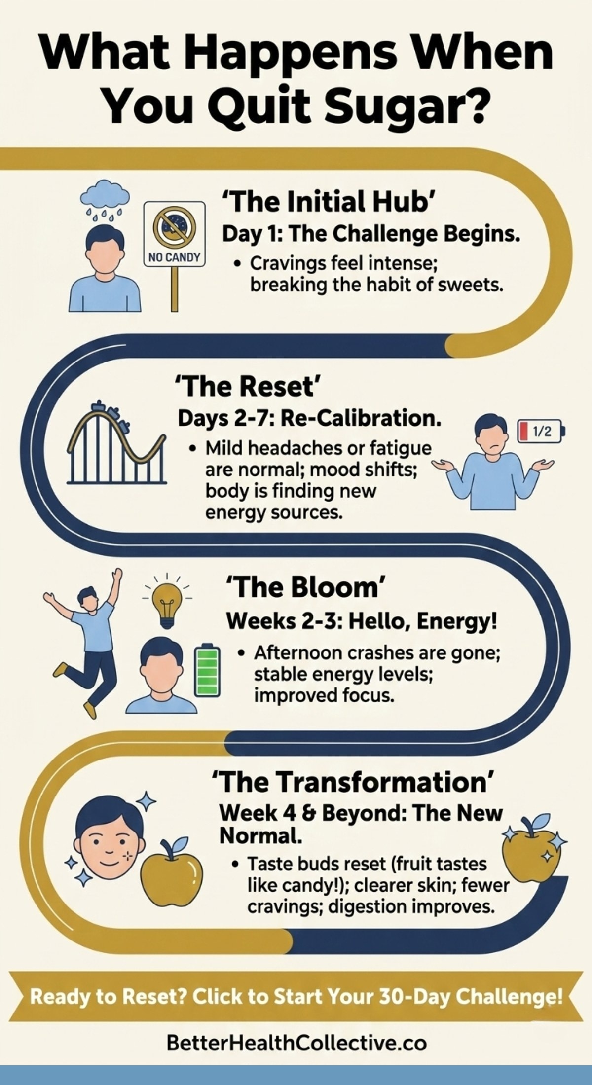 Infographic titled “What Happens When You Quit Sugar?” is a step-by-step guide outlining four stages: cravings and fatigue, mild withdrawal, increased energy, and a new normal with improved mood and digestion. Includes related illustrations and icons.