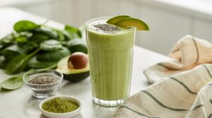 A tall glass of Avocado Green Tea Smoothie garnished with avocado slices and chia seeds sits on a table, surrounded by spinach leaves, a halved avocado, chia seeds, and matcha powder—perfect for a low sugar, fat-burning boost.