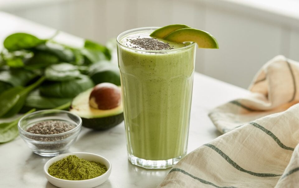 A tall glass of Avocado Green Tea Smoothie garnished with avocado slices and chia seeds sits on a table, surrounded by spinach leaves, a halved avocado, chia seeds, and matcha powder—perfect for a low sugar, fat-burning boost.