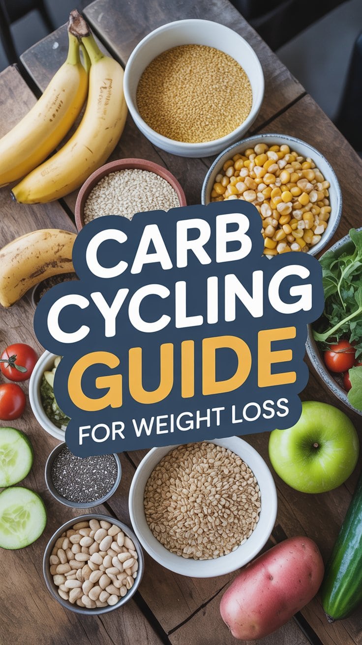 A variety of healthy foods, including fruits, grains, beans, and vegetables, are arranged on a wooden table. Overlaid text reads: Carb Cycling for Weight Loss Guide.