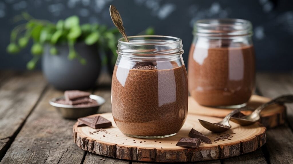 Two glass jars filled with chocolate chia pudding, a delicious high fiber dessert, sit on a wooden board surrounded by chocolate pieces and spoons; a small plant and a bowl of chocolate are in the background.