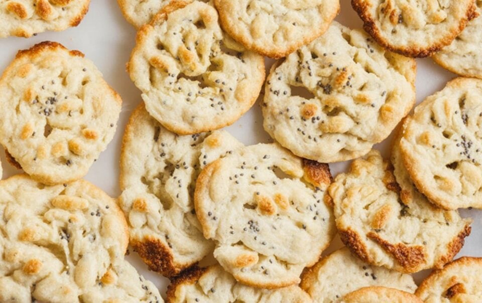 A close-up view of several crispy, golden-brown, round cookies with a slightly uneven surface and sprinkled seeds, arranged on a white background—perfect as a high-protein snack.
