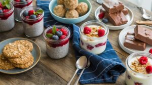 A wooden table with jars of yogurt and chia pudding topped with berries, high fiber desserts like oatmeal cookies, chocolate-covered bars, and round energy bites, with spoons and a blue napkin.