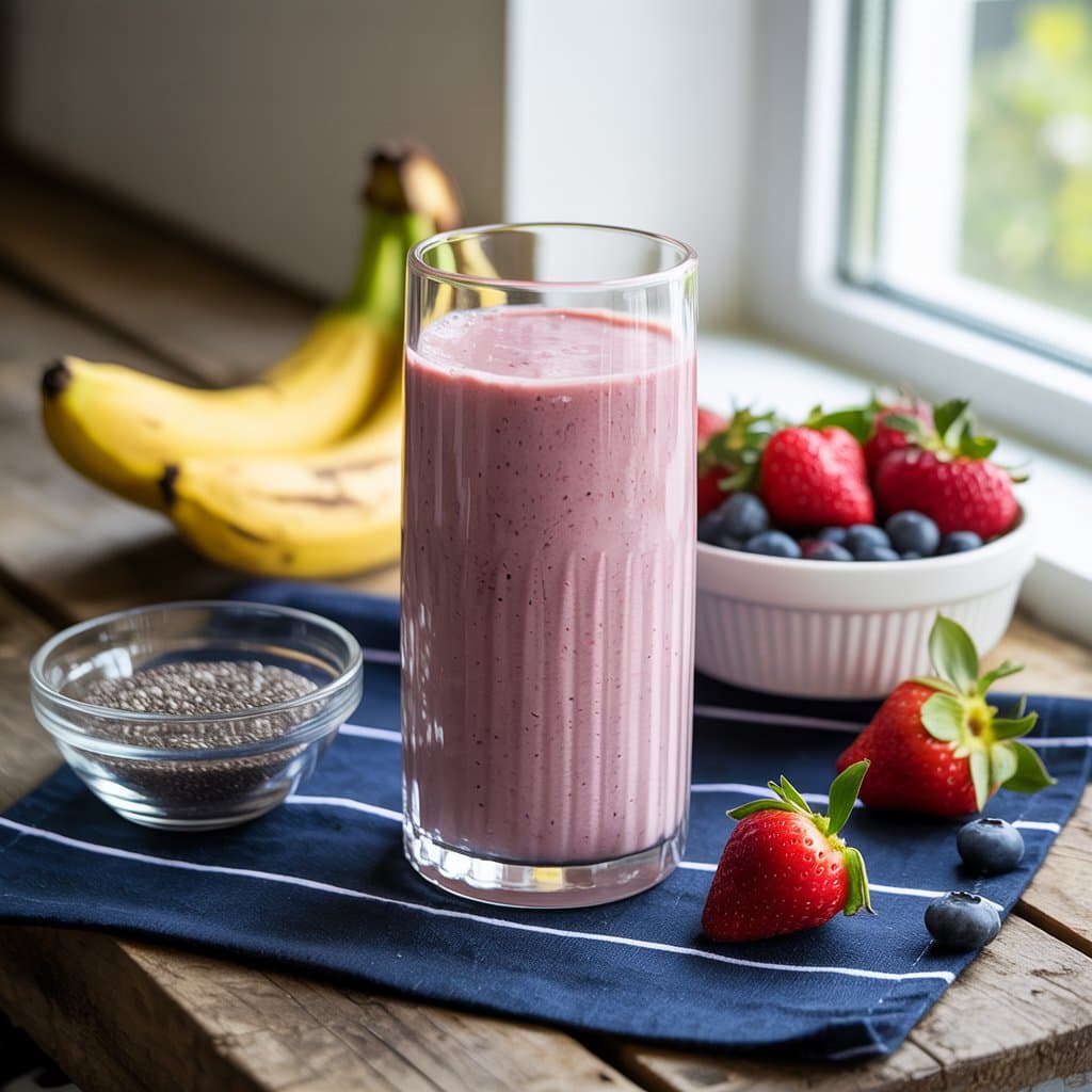A glass of pink smoothie sits on a blue cloth, surrounded by fresh strawberries, blueberries, bananas, and a small bowl of chia seeds—perfect ingredients for high fiber desserts—on a wooden table by a window.