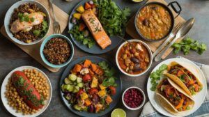 An overhead view of a table filled with colorful, healthy dishes—including salmon fillets, tacos, chickpeas, bean stew, quinoa, and roasted vegetables—showcases vibrant high-protein recipes perfect for nutritious dinner recipes.