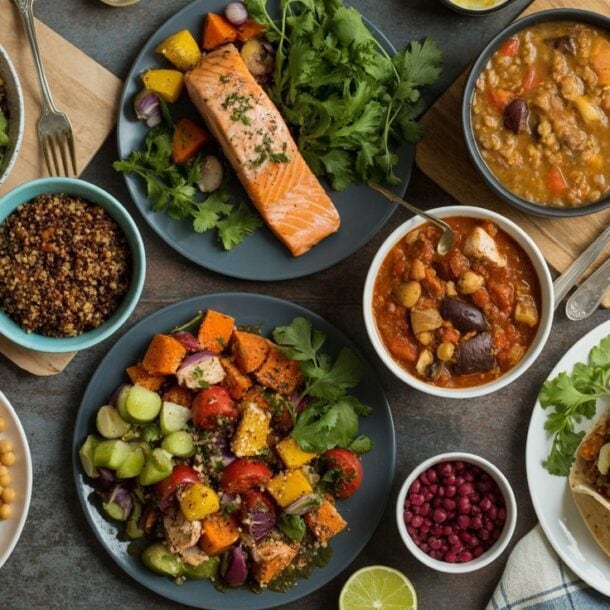 An overhead view of a table filled with colorful, healthy dishes—including salmon fillets, tacos, chickpeas, bean stew, quinoa, and roasted vegetables—showcases vibrant high-protein recipes perfect for nutritious dinner recipes.