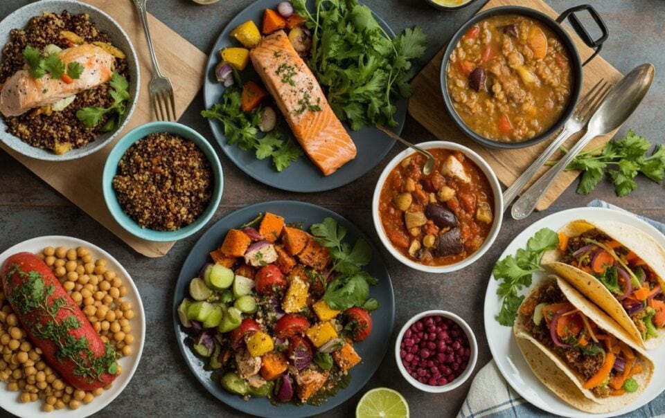 An overhead view of a table filled with colorful, healthy dishes—including salmon fillets, tacos, chickpeas, bean stew, quinoa, and roasted vegetables—showcases vibrant high-protein recipes perfect for nutritious dinner recipes.