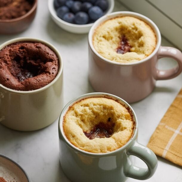Three mugs filled with freshly baked Microwave Mug Cake—two vanilla with jam centers and one chocolate—sit on a marble surface near a bowl of blueberries, cocoa powder, and a yellow checkered cloth.