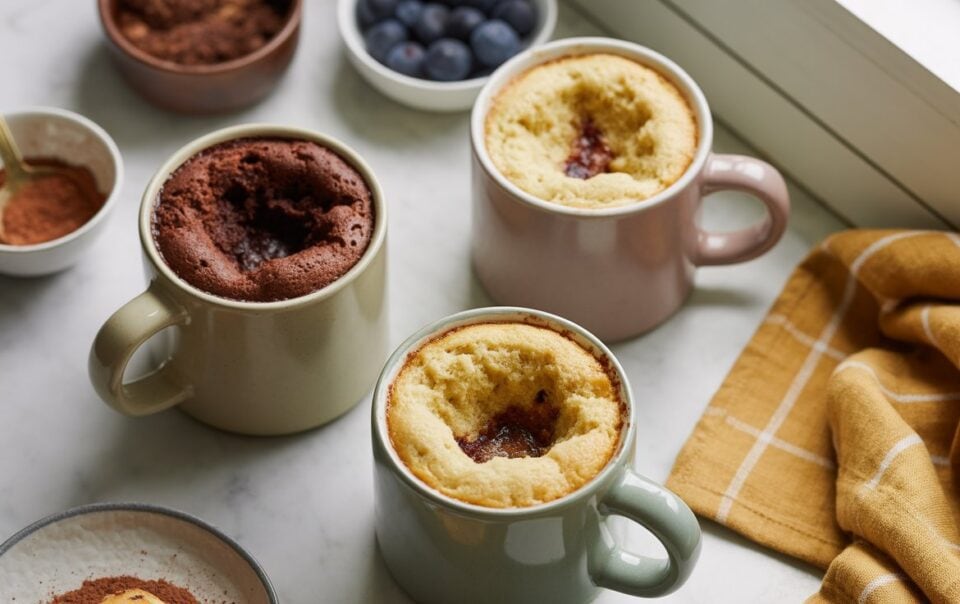Three mugs filled with freshly baked Microwave Mug Cake—two vanilla with jam centers and one chocolate—sit on a marble surface near a bowl of blueberries, cocoa powder, and a yellow checkered cloth.