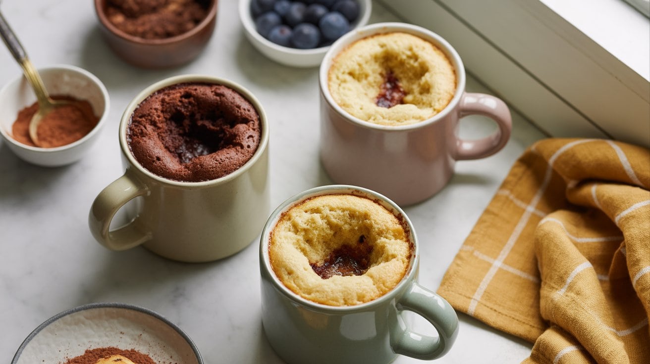 Three mugs filled with freshly baked Microwave Mug Cake—two vanilla with jam centers and one chocolate—sit on a marble surface near a bowl of blueberries, cocoa powder, and a yellow checkered cloth.