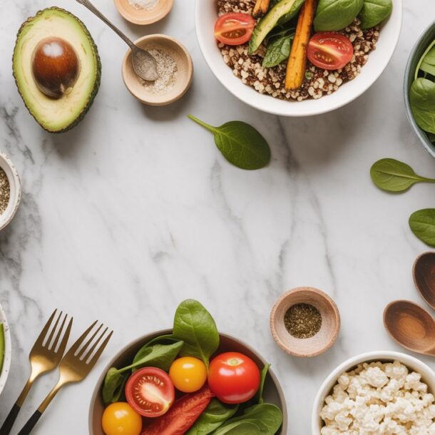 A marble table set for meals with cottage cheese, featuring bowls of spinach, chickpeas, cherry tomatoes, quinoa salad, sliced avocado, grilled chicken, and small dishes of spices, with wooden utensils and scattered spinach leaves.