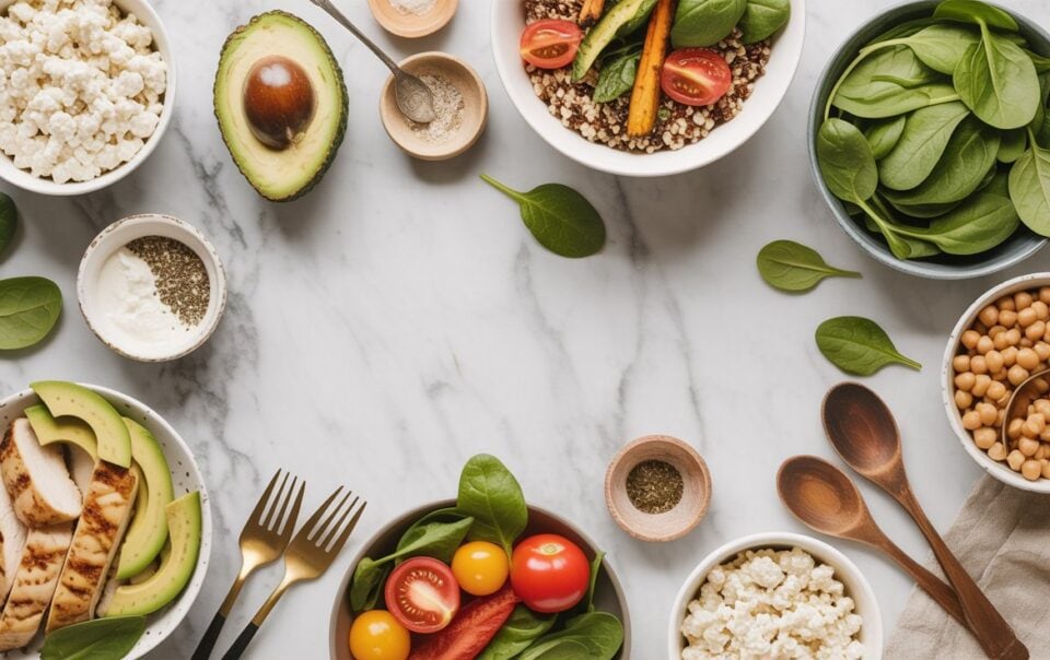A marble table set for meals with cottage cheese, featuring bowls of spinach, chickpeas, cherry tomatoes, quinoa salad, sliced avocado, grilled chicken, and small dishes of spices, with wooden utensils and scattered spinach leaves.