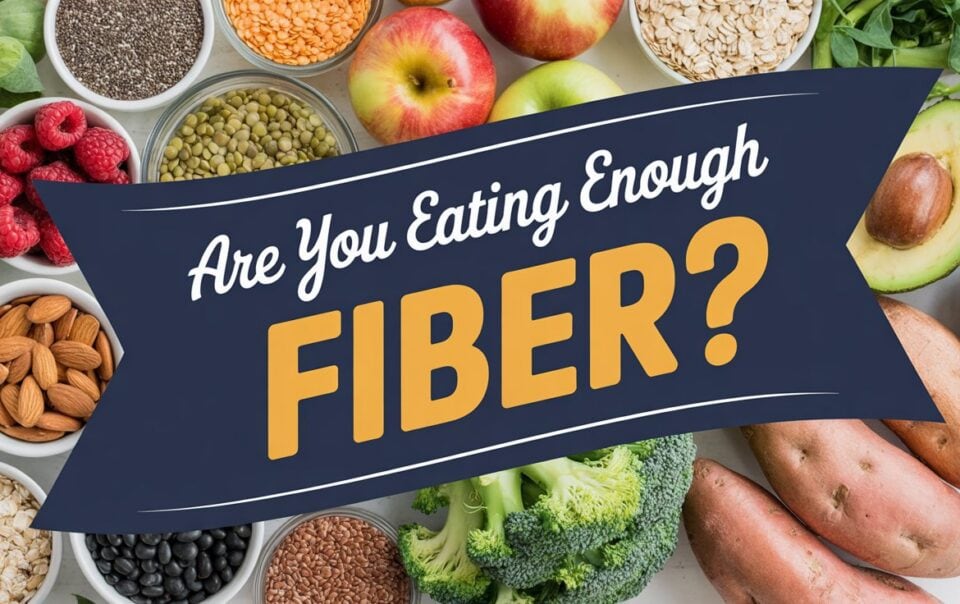 A banner reading Are You Eating Enough Fiber? over a background of fiber-rich foods, highlighting common low fiber symptoms and the importance of avoiding fiber deficiency with apples, broccoli, sweet potatoes, avocado, raspberries, almonds, oats, beans, and seeds.