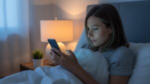A woman sits up in bed at night, illuminated by a bedside lamp, looking intently at her smartphone—caught in anxiety habits—while wrapped in a blanket. A small plant and clock are on the bedside table nearby.