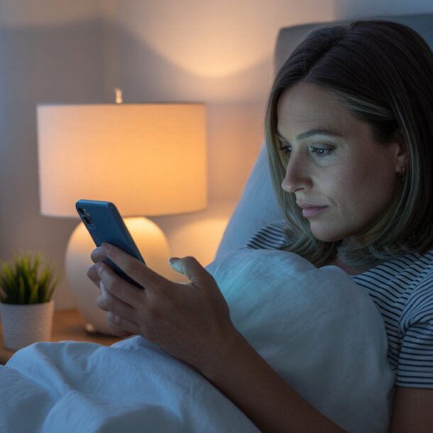 A woman sits up in bed at night, illuminated by a bedside lamp, looking intently at her smartphone—caught in anxiety habits—while wrapped in a blanket. A small plant and clock are on the bedside table nearby.