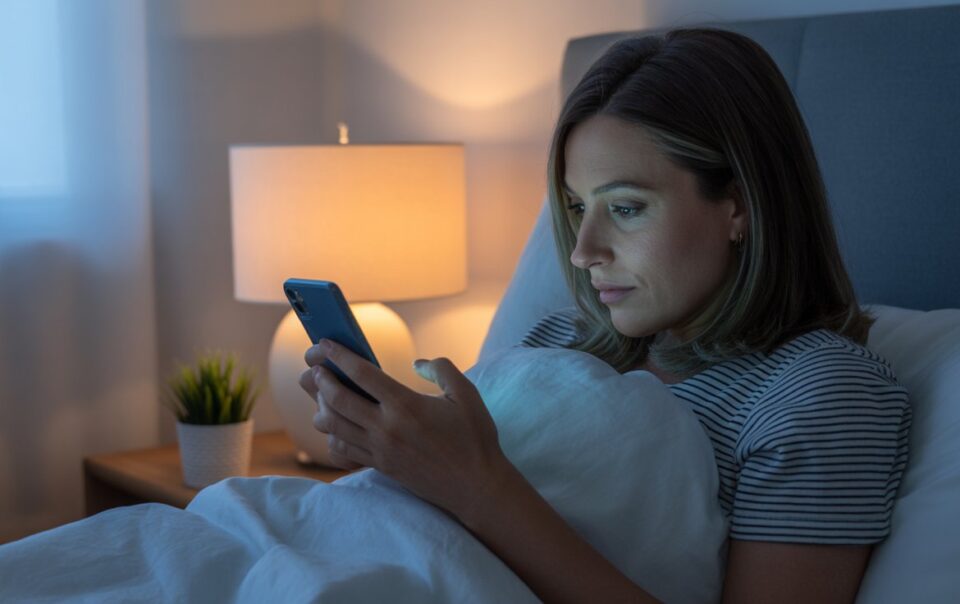 A woman sits up in bed at night, illuminated by a bedside lamp, looking intently at her smartphone—caught in anxiety habits—while wrapped in a blanket. A small plant and clock are on the bedside table nearby.