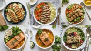 A collage of six bowls filled with various grilled fish fillets, fresh vegetables, grains, and garnishes like lime and cilantro—perfect High Protein Dinner Ideas for fat loss, each bowl arranged on a light background with utensils and herbs nearby.