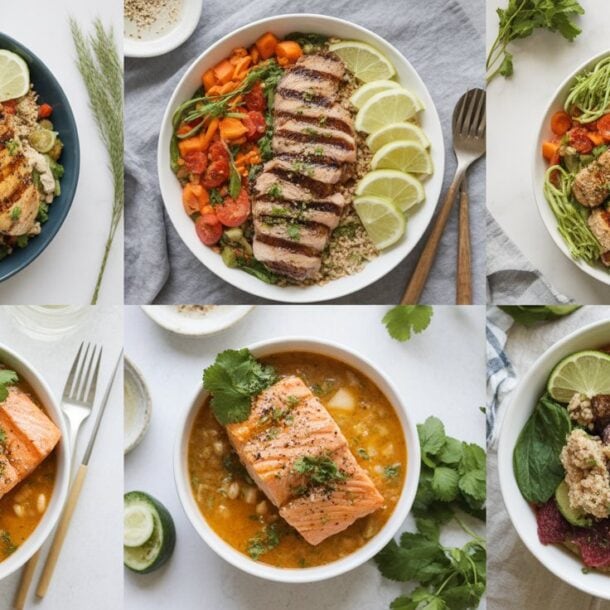 A collage of six bowls filled with various grilled fish fillets, fresh vegetables, grains, and garnishes like lime and cilantro—perfect High Protein Dinner Ideas for fat loss, each bowl arranged on a light background with utensils and herbs nearby.