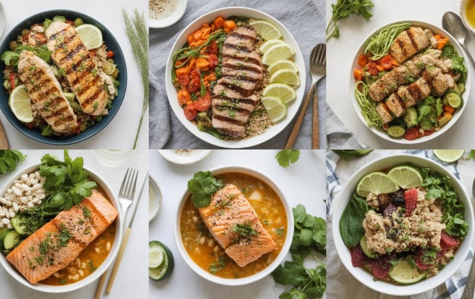 A collage of six bowls filled with various grilled fish fillets, fresh vegetables, grains, and garnishes like lime and cilantro—perfect High Protein Dinner Ideas for fat loss, each bowl arranged on a light background with utensils and herbs nearby.
