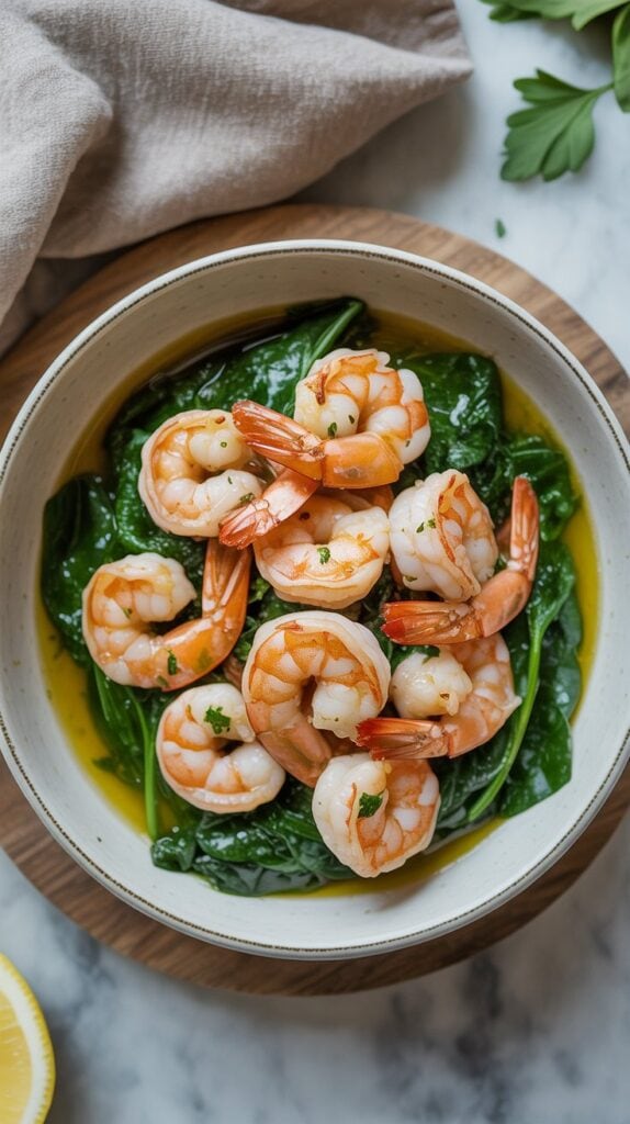 A bowl filled with cooked shrimp served over a bed of sautéed spinach, garnished with herbs and surrounded by flavorful olive oil—a delicious option for those seeking aip dinner recipes. A lemon wedge and fresh parsley are visible nearby on a marble surface.