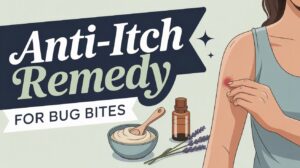 A person applies ointment to a red bug bite on their arm. The text reads “DIY Anti-Itch Remedy for Bug Bites.” Nearby are a bowl of cream, a dropper bottle, and sprigs of lavender.