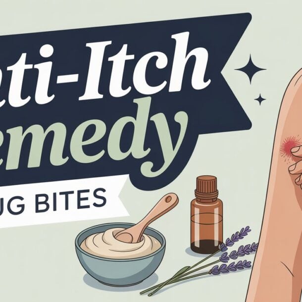 A person applies ointment to a red bug bite on their arm. The text reads “DIY Anti-Itch Remedy for Bug Bites.” Nearby are a bowl of cream, a dropper bottle, and sprigs of lavender.