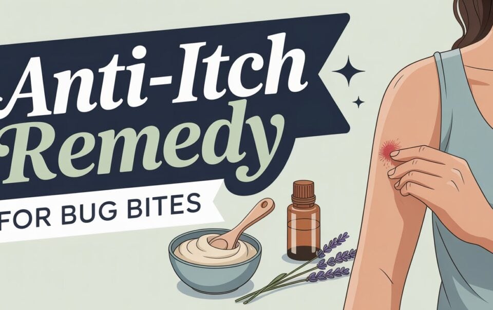 A person applies ointment to a red bug bite on their arm. The text reads “DIY Anti-Itch Remedy for Bug Bites.” Nearby are a bowl of cream, a dropper bottle, and sprigs of lavender.