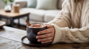 A person in a cozy cream sweater holds a dark ceramic mug of Bone Broth Hot Chocolate, topped with cocoa powder and a cinnamon stick, sitting at a wooden table in a warmly lit living room.