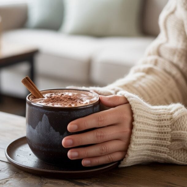 A person in a cozy cream sweater holds a dark ceramic mug of Bone Broth Hot Chocolate, topped with cocoa powder and a cinnamon stick, sitting at a wooden table in a warmly lit living room.