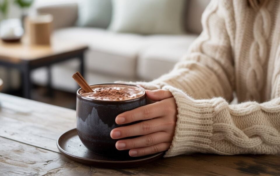 A person in a cozy cream sweater holds a dark ceramic mug of Bone Broth Hot Chocolate, topped with cocoa powder and a cinnamon stick, sitting at a wooden table in a warmly lit living room.