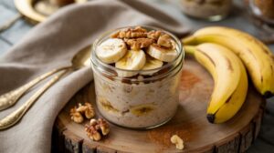 A glass jar filled with Banana Bread Overnight Oats, topped with banana slices, walnuts, and cinnamon, sits on a wooden board next to fresh bananas, walnuts, a linen napkin, and two gold spoons.