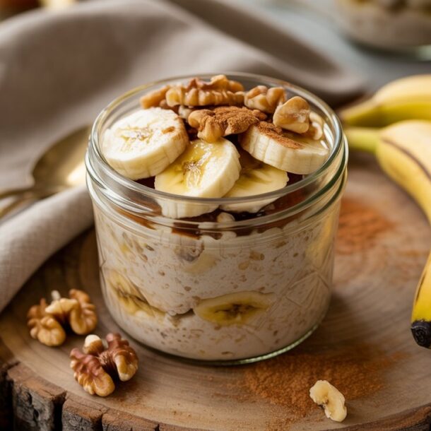 A glass jar filled with Banana Bread Overnight Oats, topped with banana slices, walnuts, and cinnamon, sits on a wooden board next to fresh bananas, walnuts, a linen napkin, and two gold spoons.