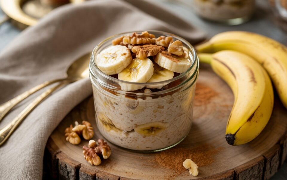 A glass jar filled with Banana Bread Overnight Oats, topped with banana slices, walnuts, and cinnamon, sits on a wooden board next to fresh bananas, walnuts, a linen napkin, and two gold spoons.